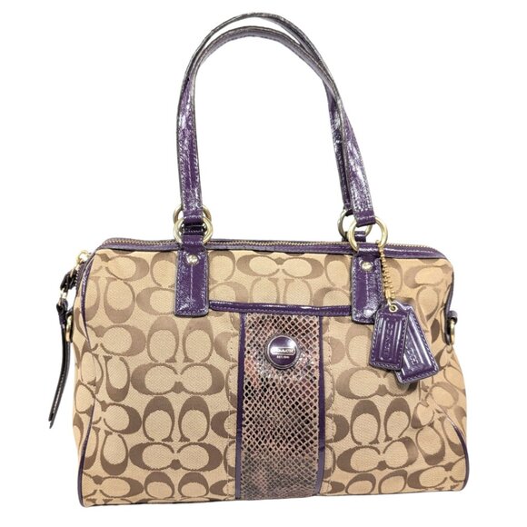 Coach Signature Python Stripe Tan Canvas Jacquard Purple Patent Leather Satchel - Picture 1 of 11
